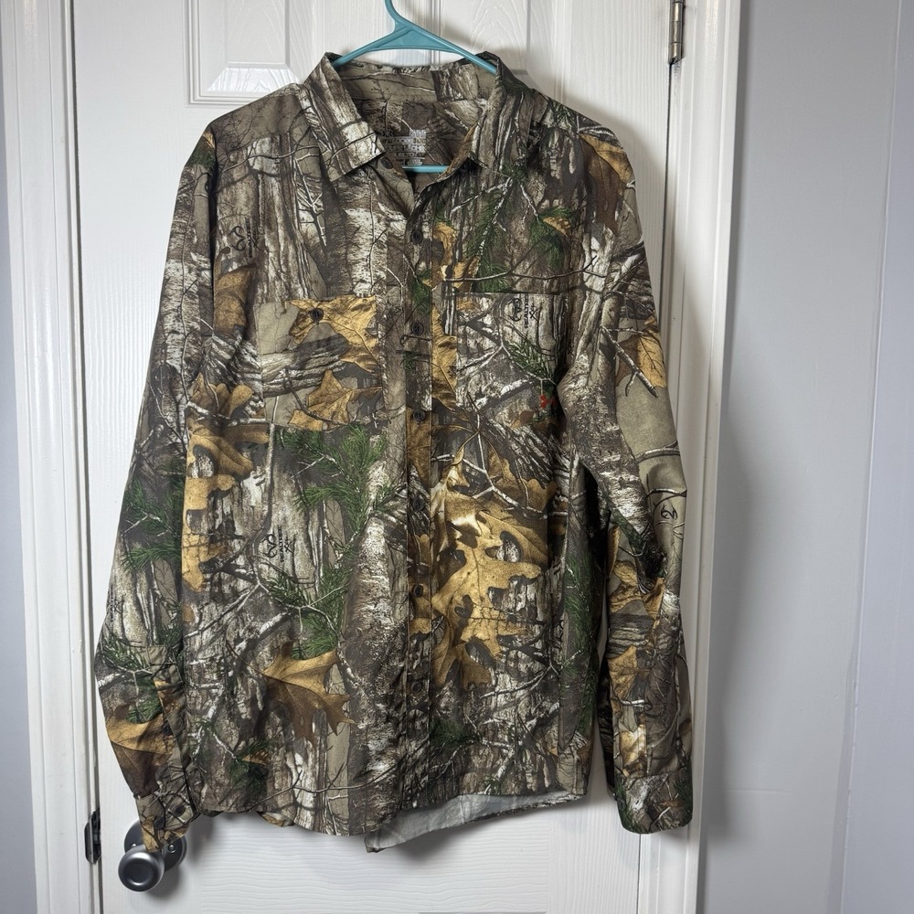 Under Armour Mens Large Mossy Oak Camouflage Button Up Shirt‎ Loose Hunting